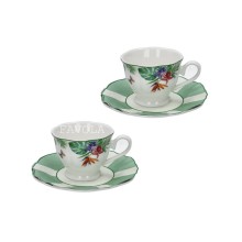 Tazzine caffè Brandani Oasi set 2 pezzi in new bone china con decori tropicali e piattino coordinato.