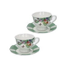 Tazze tè Brandani Oasi set 2 pezzi in new bone china con decori tropicali e piattino coordinato.