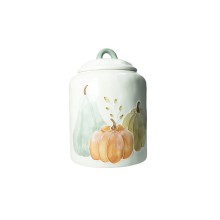 Barattolo Brandani Zucche in dolomite con decori autunnali e coperchio verde.