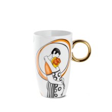 Mug Egan Con Te Abbracci in porcellana bianca con manico dorato, illustrazione coppia abbracciata con cerchio arancione, 420 ml
