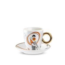Tazzina caffè Egan Con Te Abbracci con piattino in porcellana bianca, manico dorato, illustrazione coppia abbracciata, 80 ml
