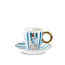 Tazzina caffè Egan Attimi Abbracci con piattino in porcellana bianca, manico dorato, illustrazione coppia abbracciata, 80 ml