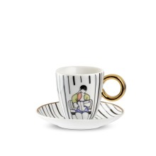 Tazzina caffè Egan Noi Abbracci con piattinoin porcellana bianca, manico dorato, illustrazione coppia seduta abbracciata, 80 ml