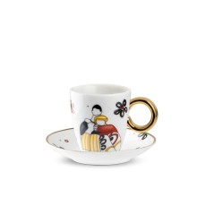Tazzina caffè Egan Vicini Abbracci con piattino in porcellana manico dorato, illustrazione coppia abbracciata , 80 ml