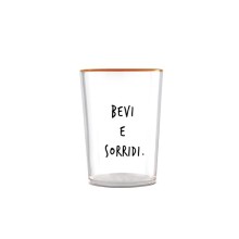 Egan Smile bicchiere in vetro borosilicato con scritta “Bevi e Sorridi.” e bordo arancione, capienza 480 ml
