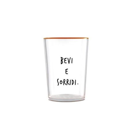 Egan Smile bicchiere in vetro borosilicato con scritta “Bevi e Sorridi.” e bordo arancione, capienza 480 ml