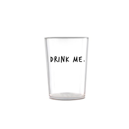 Egan Smile bicchiere in vetro borosilicato trasparente con scritta “DRINK ME.” serigrafata in nero, capienza 480 ml