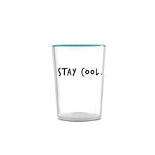 Egan Smile bicchiere in vetro borosilicato trasparente con scritta “STAY COOL.” e bordo azzurro, capienza 480 ml