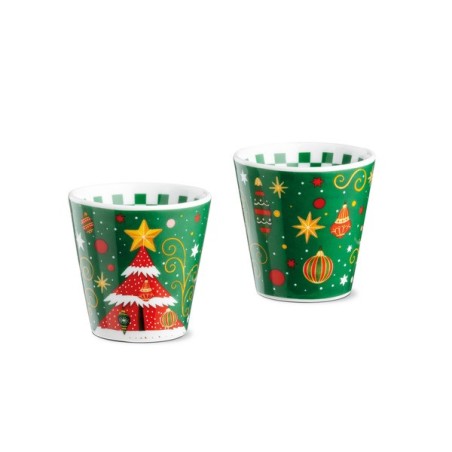 Set 2 bicchierini tazzine da caffè di Natale Egan 90 ml in porcellana verde con albero di Natale e decori dorati.