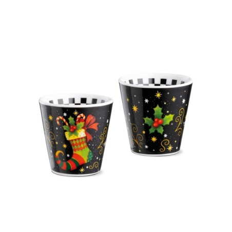 Set 2 bicchierini tazzine da caffè di Natale Egan 90 ml in porcellana nero antracite con calza della Befana e agrifoglio.