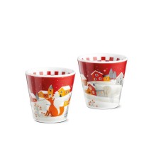 Set 2 bicchierini tazzine da caffè di Natale Egan 90 ml in porcellana rosso con volpe e paesaggio innevato.