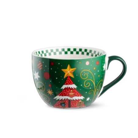 Tazza colazione jumbo Egan linea Natale da 520 ml in porcellana verde con albero di Natale rosso e decori dorati.