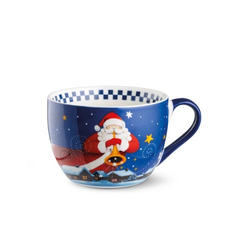 Tazza colazione jumbo Egan linea Natale da 520 ml in porcellana blu con Babbo Natale che suona la tromba e paesaggio innevato.