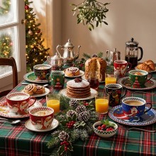 Dettaglio del manico blu e del bordo interno a scacchi blu e bianchi della tazza colazione Egan.