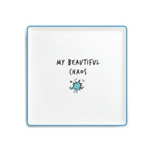 Svuotatasche quadrato in ceramica bianca Egan Smile da 19x19 cm con bordo azzurro, scritta "My Beautiful Chaos"