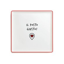 Svuotatasche quadrato in ceramica bianca Egan Smile da 19x19 cm con bordo rosso, scritta "Il Posto Giusto!"
