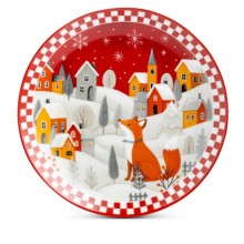 Piatto panettone in porcellana rossa Egan da 30,5 cm con illustrazione di una volpe nel bosco e villaggio innevato