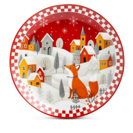 Piatto panettone in porcellana rossa Egan da 30,5 cm con illustrazione di una volpe nel bosco e villaggio innevato