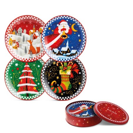 Set di 4 piattini dessert natalizi in porcellana Egan da 19 cm con soggetti assortiti e scatola regalo in latta rossa decorata.