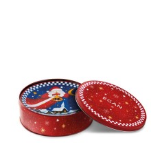 Dettaglio dei quattro decori dei piattini dessert Egan e della scatola in latta usabile come biscottiera o contenitore.