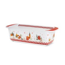 Pirofila rettangolare da forno per plumcake in stoneware Egan da 29 cm con decoro volpe, villaggio innevato e manici rossi.