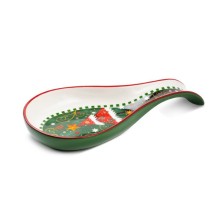 Poggiamestolo in porcellana New Bone China verde Egan da 21x10 cm con decoro albero di Natale e bordo a scacchi.