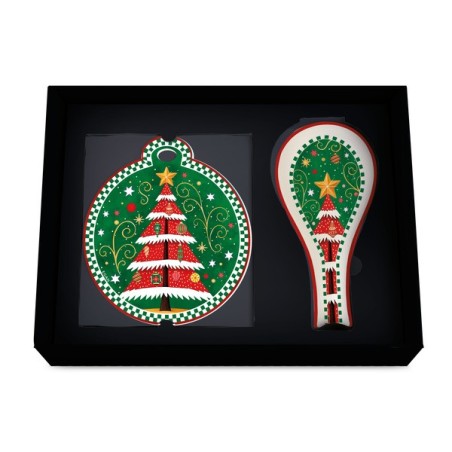 Egan set regalo natalizio con sottopentola  verde con albero decorato e poggiamestolo coordinato