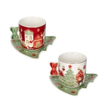 Brandani set 2 tazze caffè con piattino a forma di albero di Natale della collezione Villaggio in Festa in New Bone China