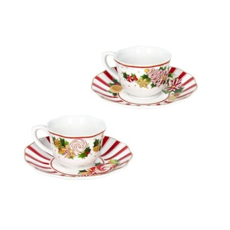 Set da 2 tazzine da caffè con piattino linea Le Chicche Brandani in porcellana con decori di caramelle natalizie, lecca-lecca