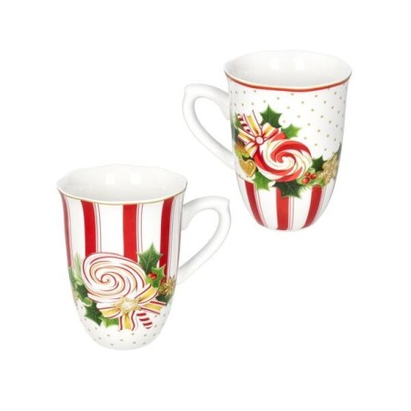 Set da 2 tazze mug alta natalizie linea Le Chicche Brandani in porcellana con decori di lecca-lecca a spirale,