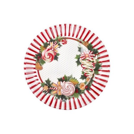 Vassoio tondo in melamina linea Le Chicche Brandani da 32 cm di diametro con bordo a righe bianche e rosse
