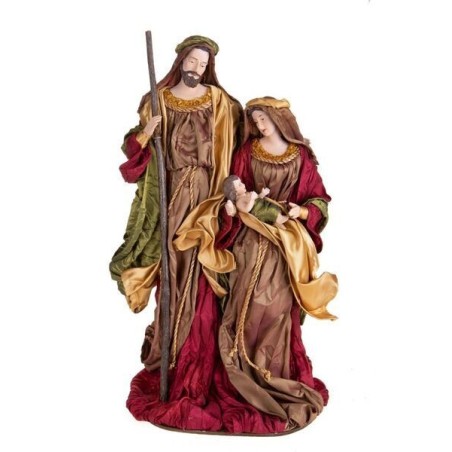 Sacra Famiglia e Natività Burgundy Brandani da 47 cm di altezza con personaggi in resina e vestiti drappeggiati in tessuto rosso