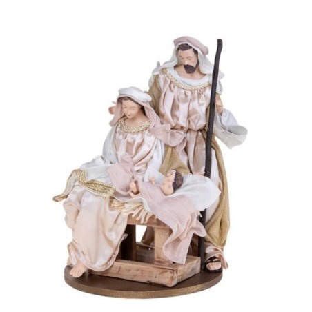 Sacra Famiglia e Natività Cipria Brandani su base tonda da 23x35h cm con personaggi in resina finemente dipinti e abiti