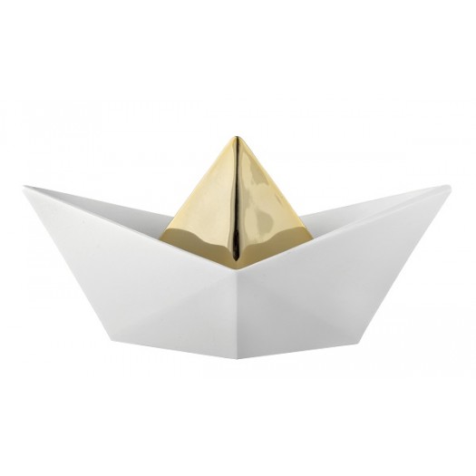 BONGELLI PREZIOSI SCULTURA ORIGAMI  H14X23 CM  BARCHETTA BIANCO E ORO