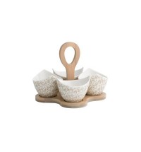 BRANDANI ANTIPASTIERA RICCIOLI DI FATA SET 4 PEZZI IN PORCELLANA CON SUPPORTO IN BAMBOO NATURALE