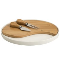 BRANDANI TAGLIERE FORMAGGIO IN PORCELLANA E BAMBOO CON 2 COLTELLI FORMAGGIO IN ACCIAIO INOX